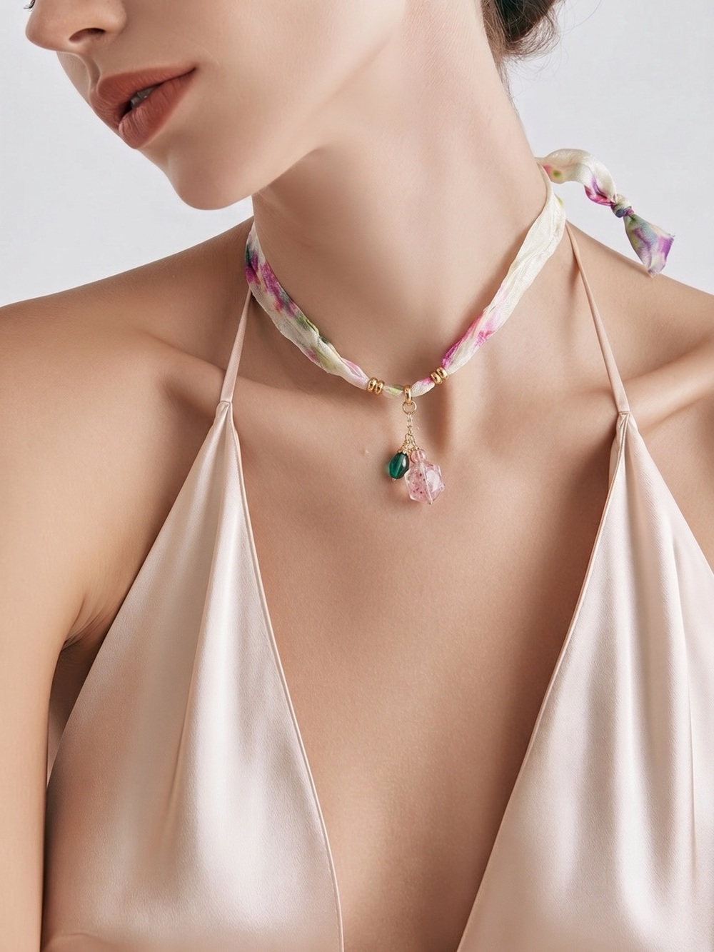 Floral Silk Ribbon Choker Necklace with Pink & Green Gem Charms